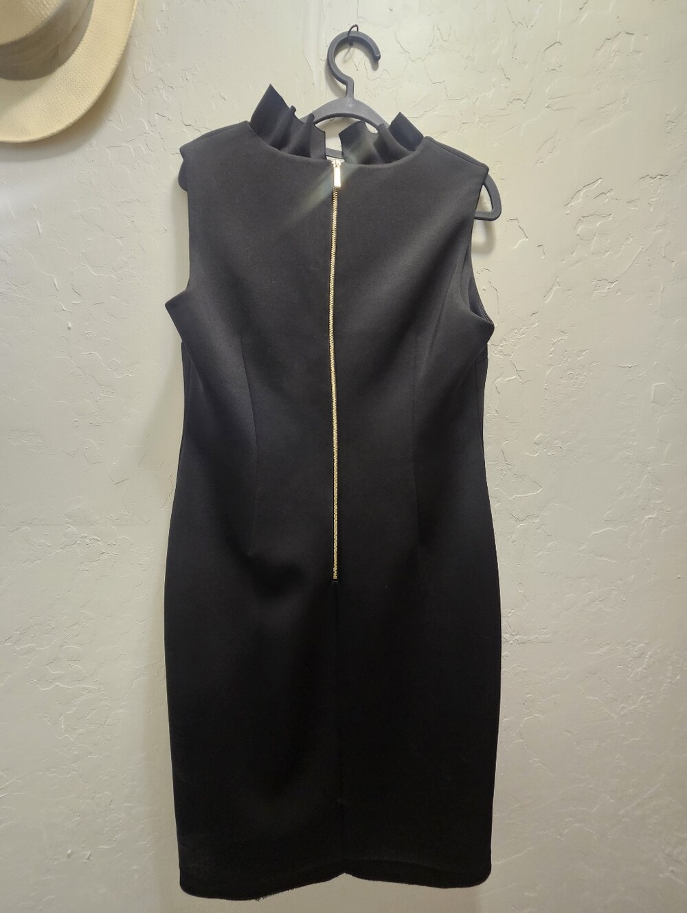 Calvin Klein Black Sheath Dress Size 12 | Ruffle Neck | Gold Back Zip - Picture 5 of 5
